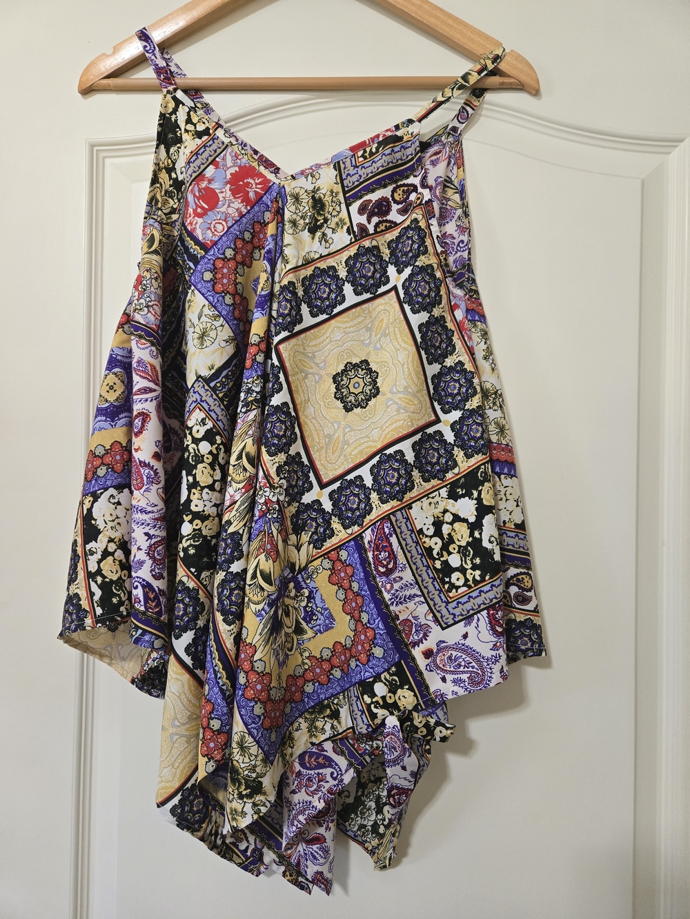Unique Spectrum Multicolor Paisley Patchwork Handkerchief Hem Tank Top Flowy